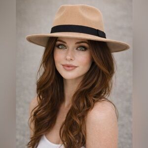 Camel Timeless Women Classic Wide Brim Fedora Hat with Black Ribbon Band